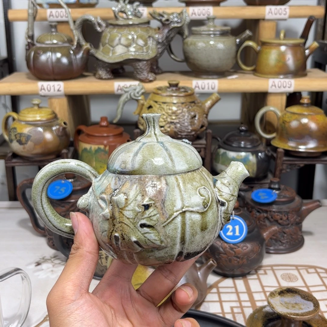 建水紫陶柴烧南瓜壶，建水紫陶传承纯裸坯柴烧