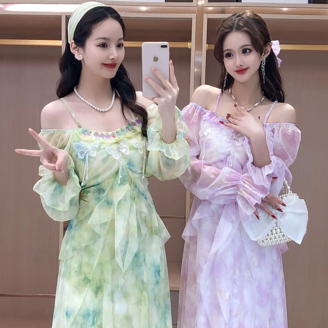 艾日秀仙女欧若风温柔亮片蝴蝶水钻流苏长款晕染雪纺连衣裙 F0028