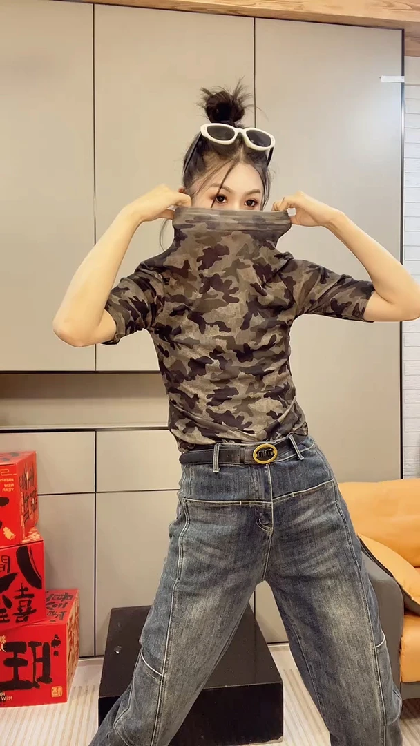 透气印花半开领纯色防晒网红紧身百搭中袖时尚休闲打底衫小衫新款