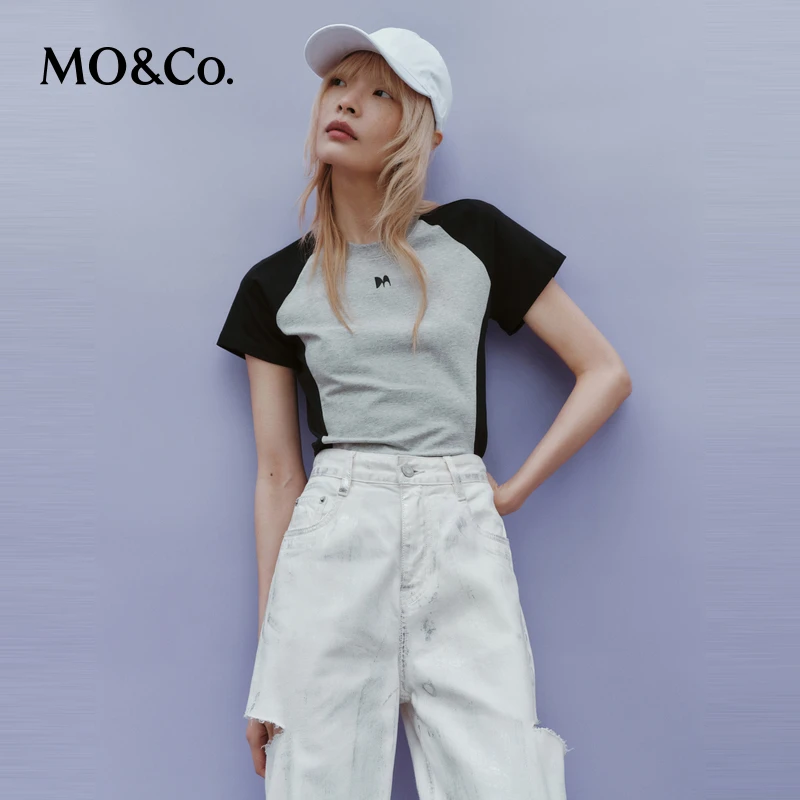 【赵老板专属】MOCO夏撞色插肩袖弹力圆领修身棉T恤MBD2TEET08