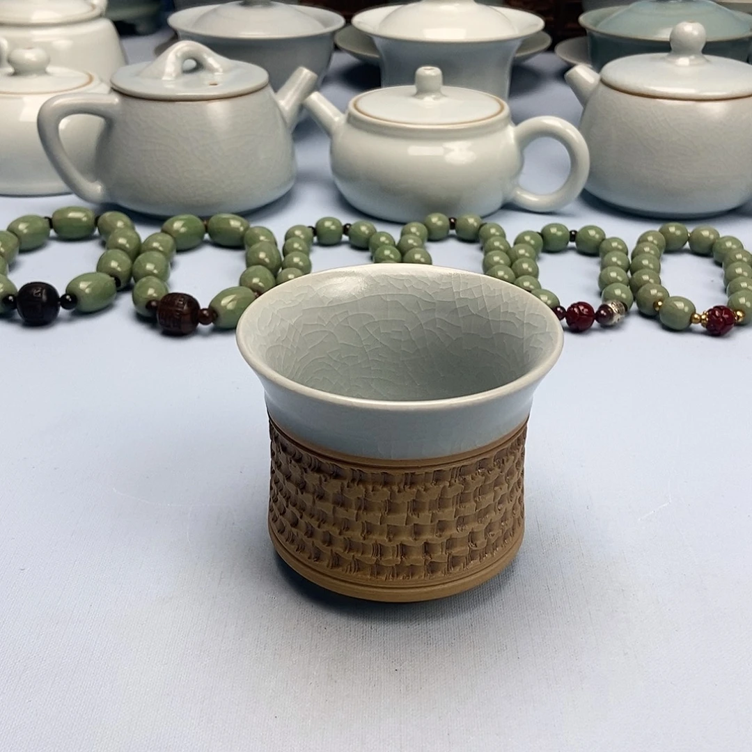 杯仿古月白釉重工跳刀马蹄杯原矿原釉原产地