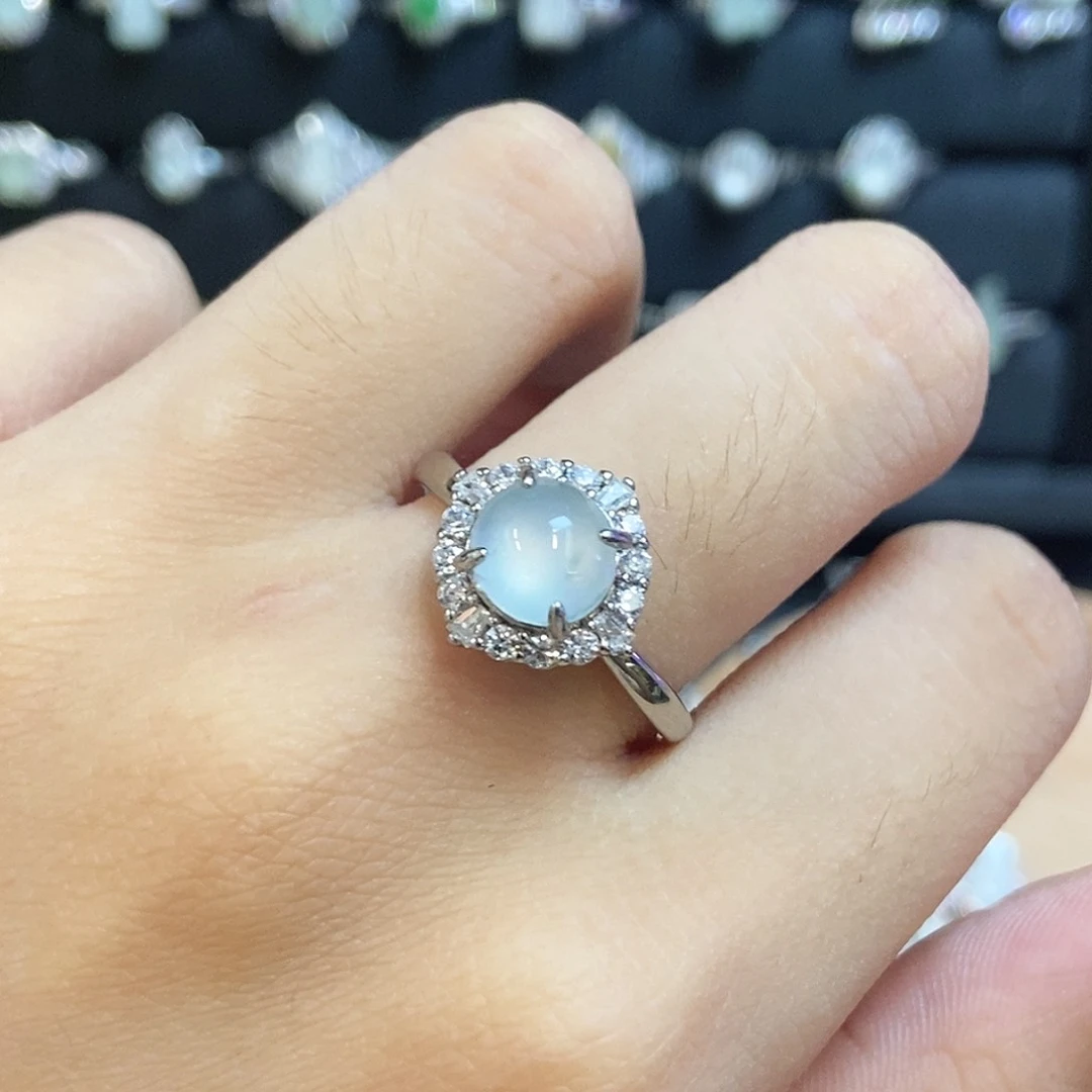 翡翠挂件银S925镶嵌蛋面戒指