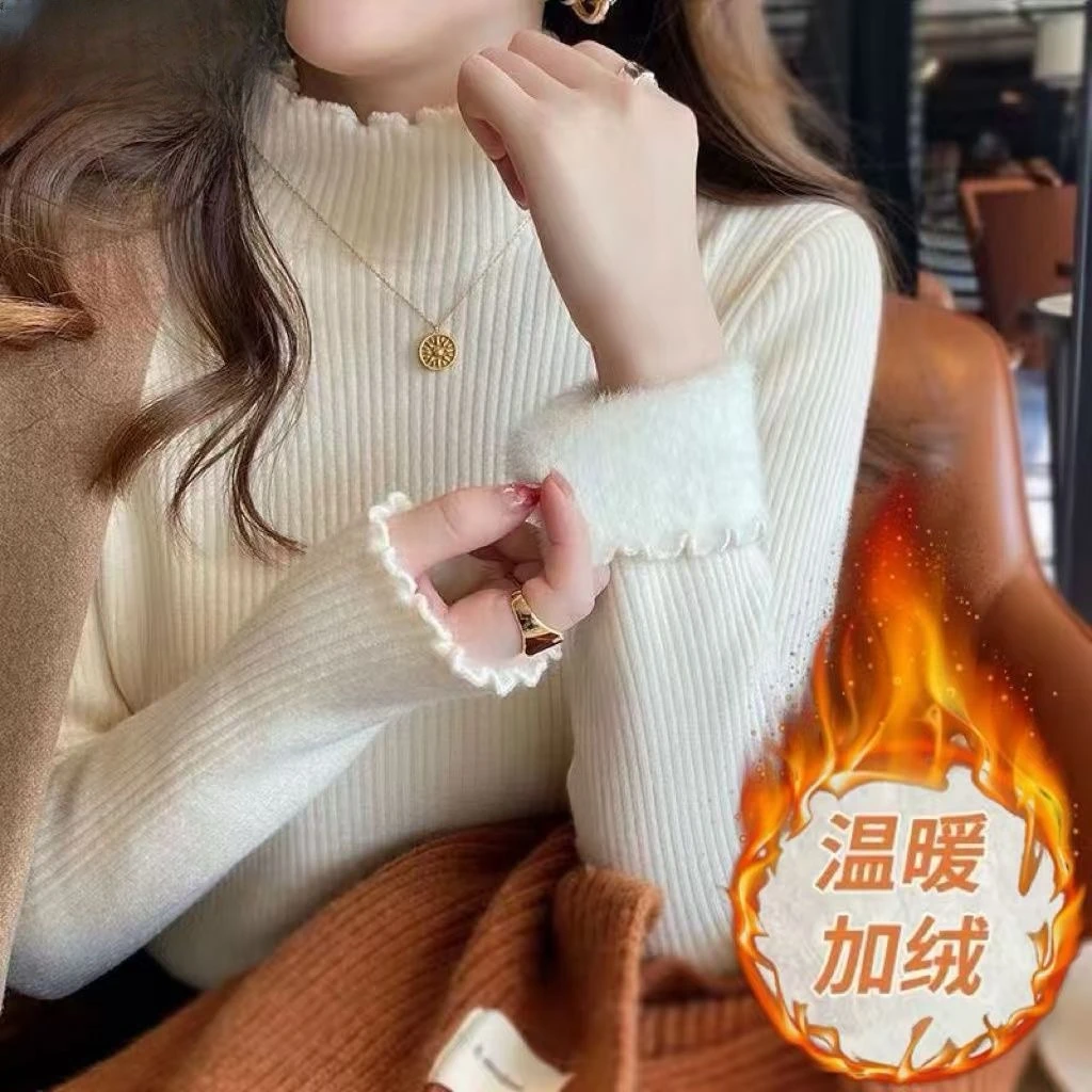 打底衫女加绒加厚一体绒打底衫修身女木耳边半高领秋冬季上衣
