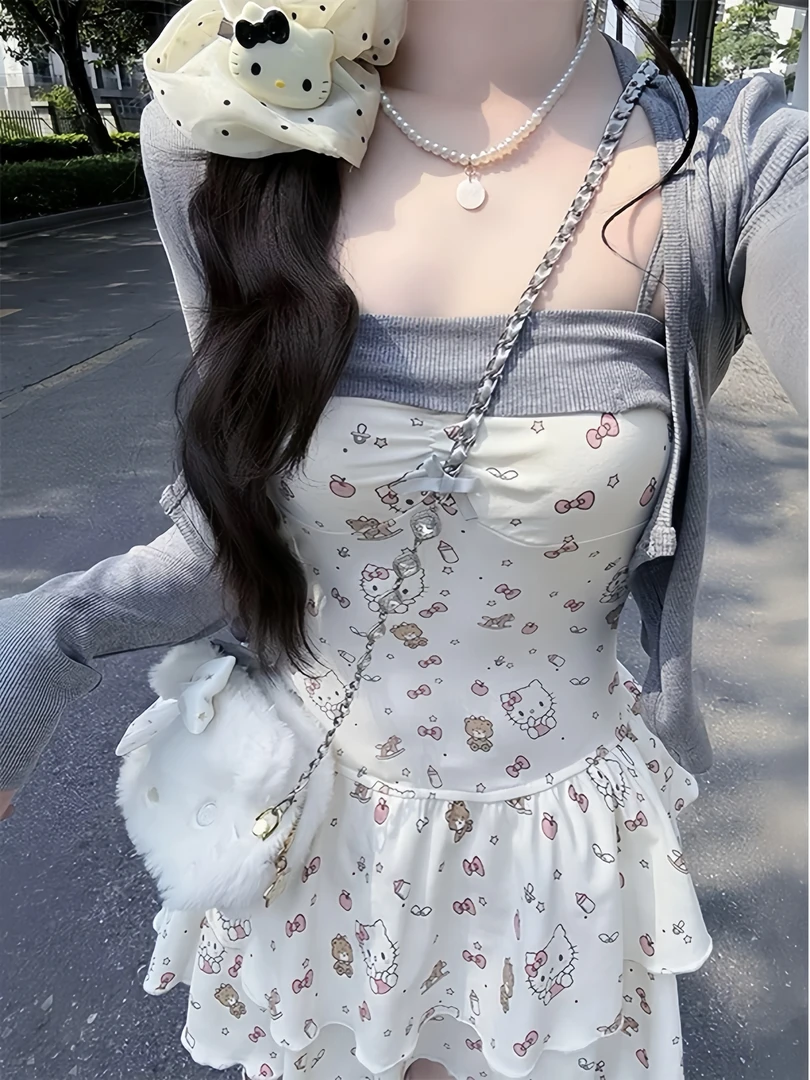 高腰吊带裙夏季方领卡通动漫甜辣小众吊带法式连衣裙裙子收腰显瘦