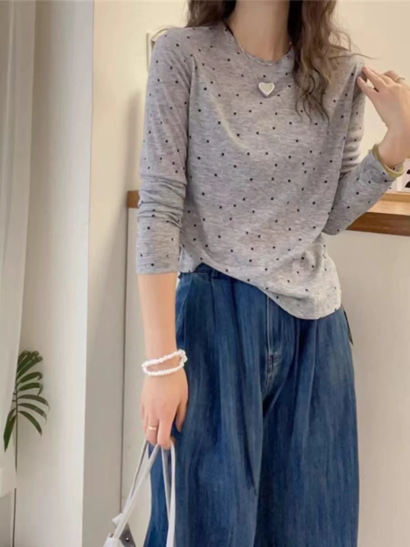 （玉姐家）波点软糯亲肤纯色百搭简约长袖上衣 新选f1041 J09216