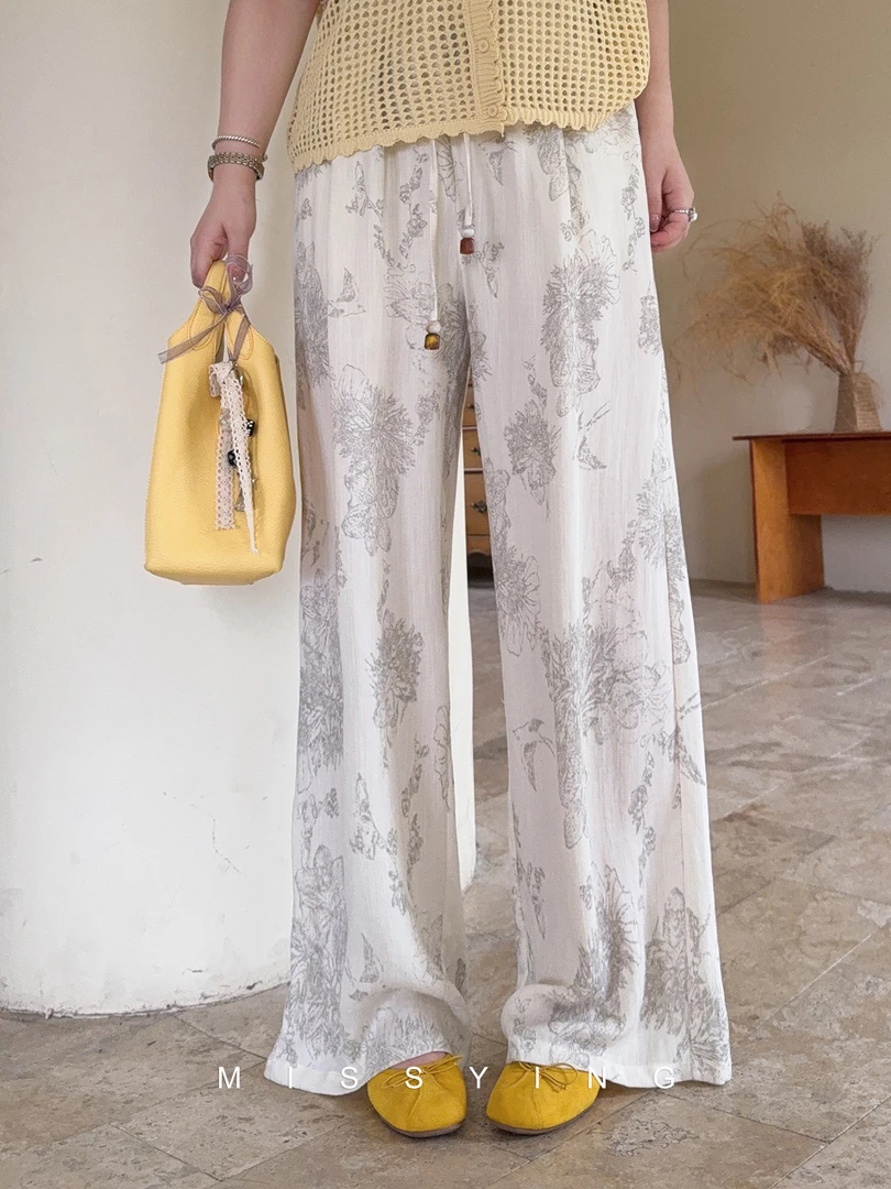 应小姐【老钱裤】微胖大码显瘦设计韩系遮胯气质款高腰宽松花纹长裤