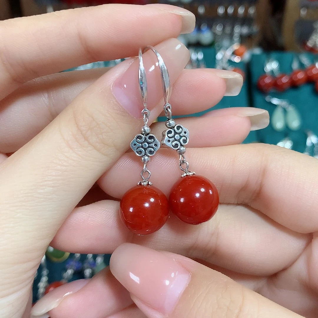 玛瑙/玉髓耳饰银S925镶嵌天然红玛瑙12mm左右（锦红）