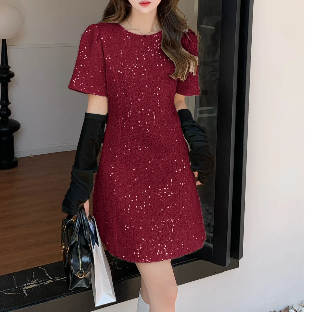 【苏苏精选】S716小香风时尚高级气质新款亮片连衣裙带袖