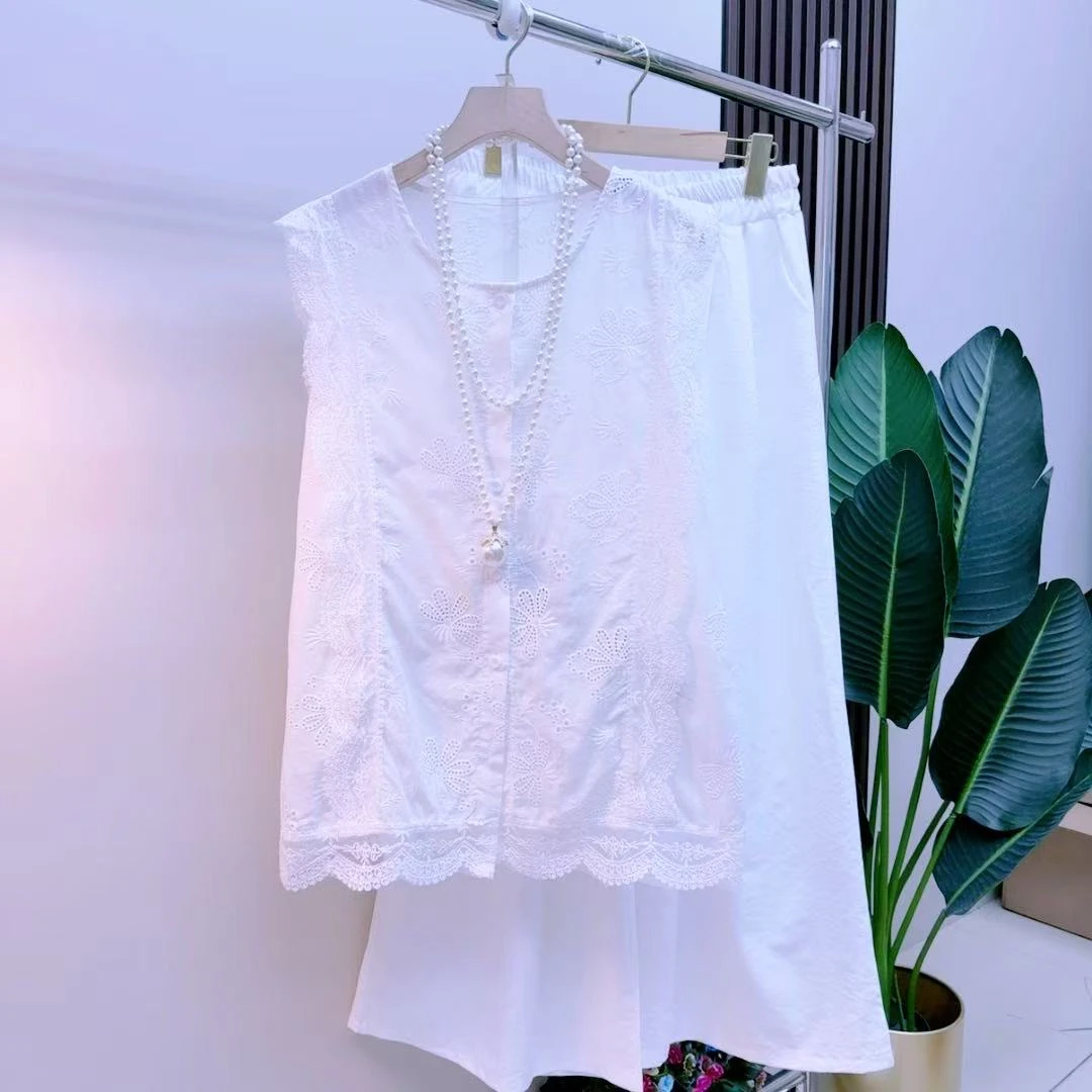 胖mm时尚气质显瘦遮肉减龄百搭9961镂空夏季宽松洋气减龄套装