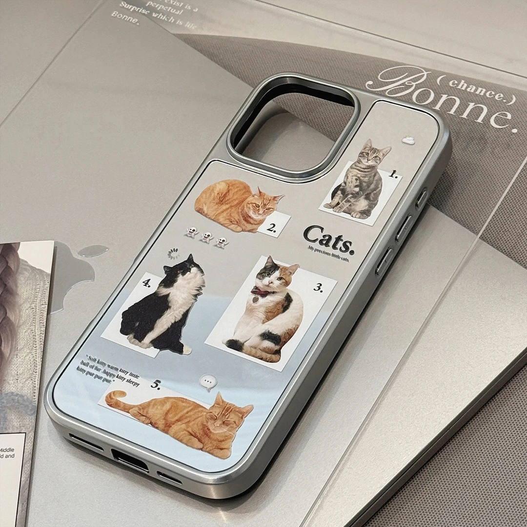 镜面猫咪日常适用16promax手机壳iphone14苹果15电镀银13小众高级