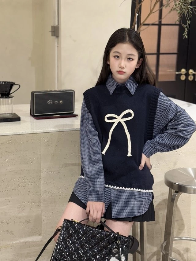 SY潮童87150格子衬衫蝴蝶结加绒两件套