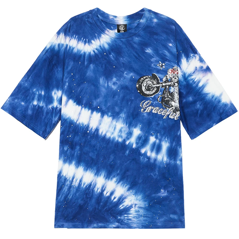 山东TCH-潮牌烫钻夏季街头个性情侣宽松扎染圆领蓝T恤T212103005