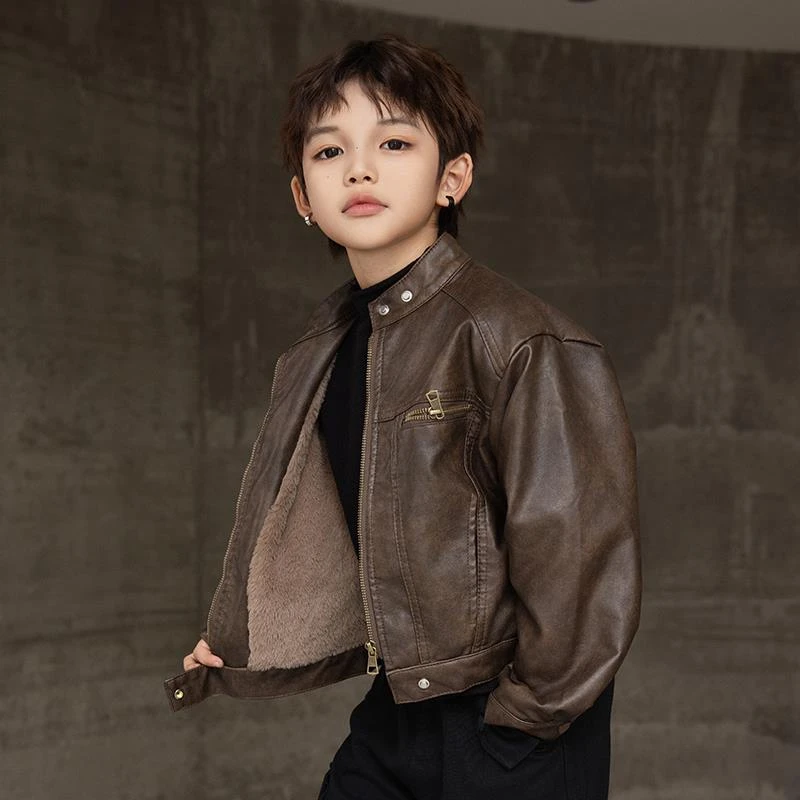 范哲萨男童皮衣春秋冬款儿童装外套2025新款中大童冬季酷帅皮毛一