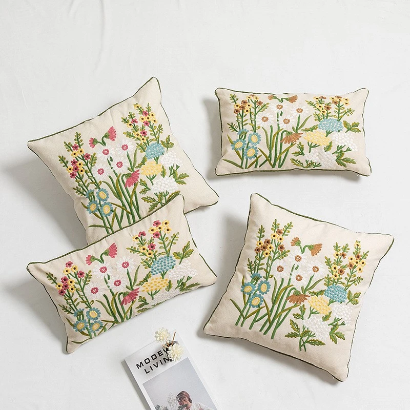 新中式小雏菊亚麻绣花抱枕套 北欧酒店样板间家居刺绣靠包靠垫套
