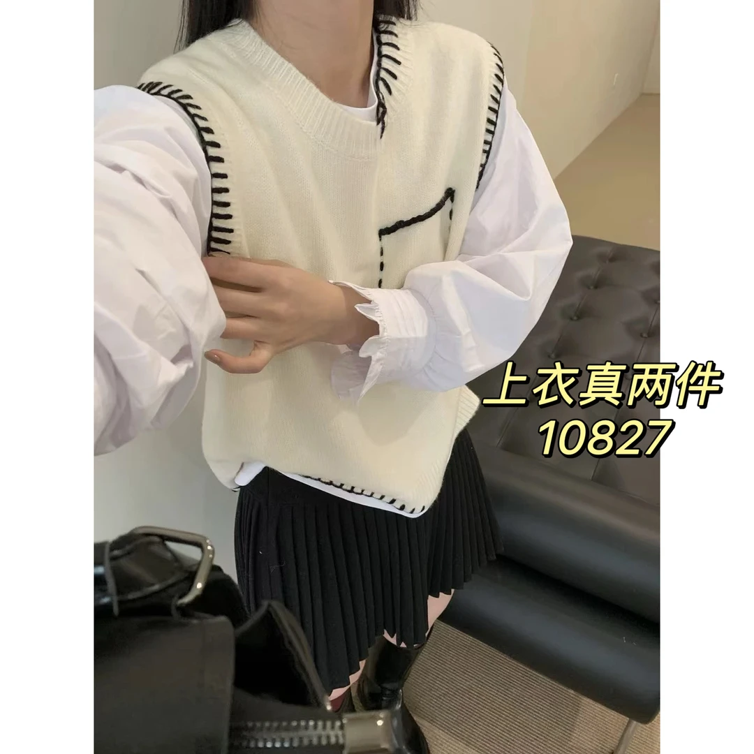 10827（部分无水洗唛，介意慎拍）SANFAN新款针织马夹+衬衣两件套