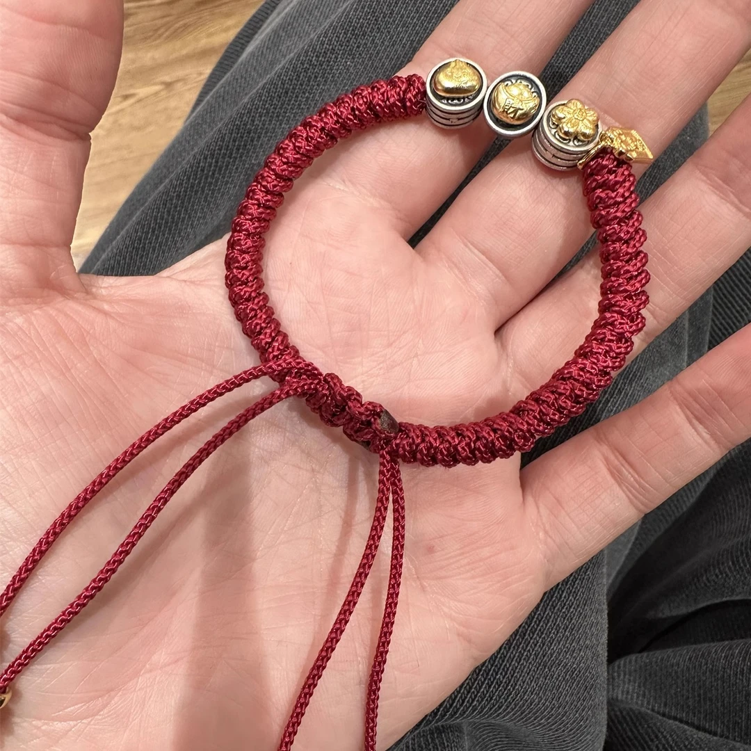 925银手链 S10043 上上签平安拍花朵福字红绳编织银饰手链新中式