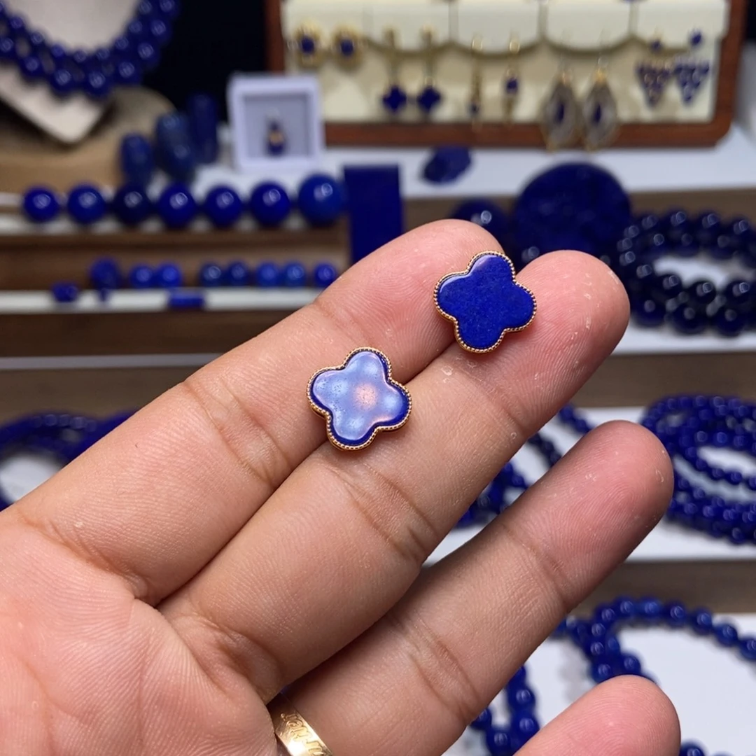 青金石银S925镀金镶嵌耳饰四叶草