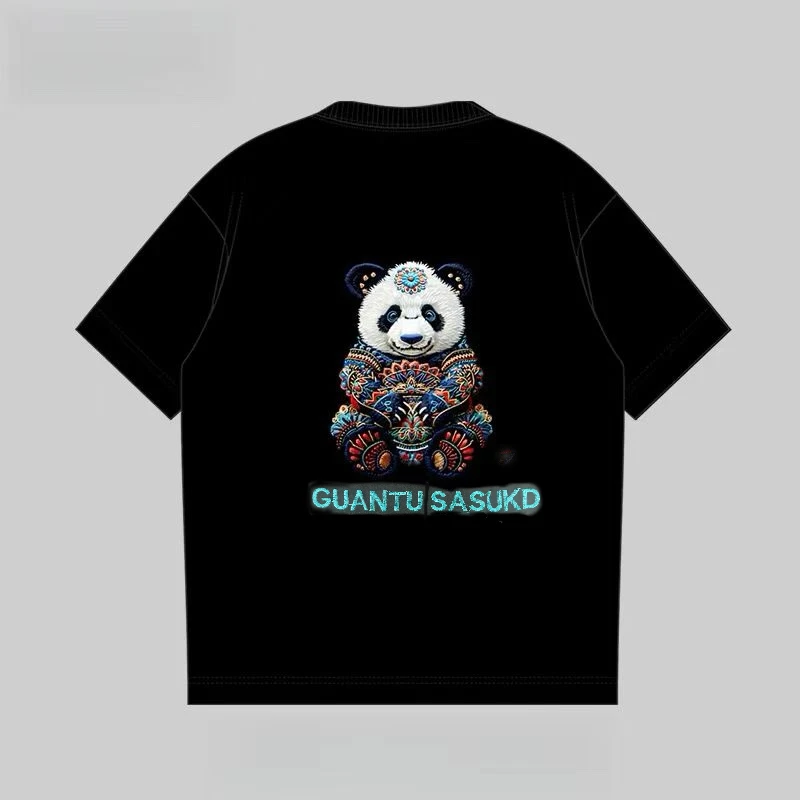 319欧货2025潮牌刺绣七彩老花熊猫短袖T恤男女同款情侣半袖