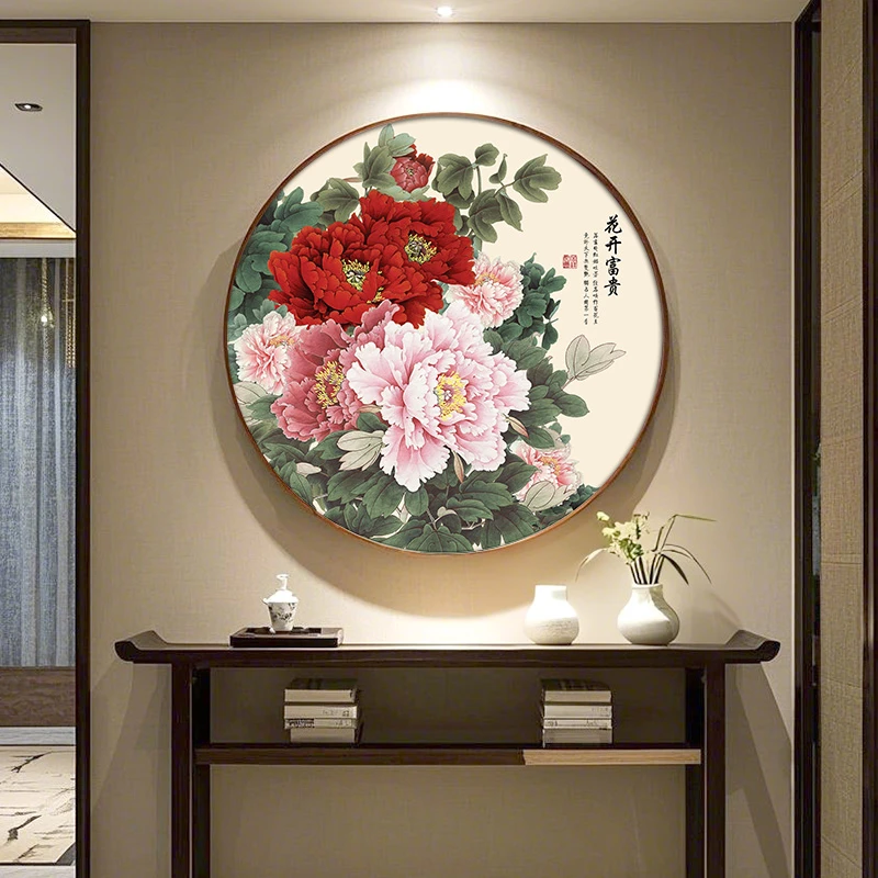 大红牡丹花挂画玄关装饰画山水背景墙花开富贵新中式餐厅圆形壁画
