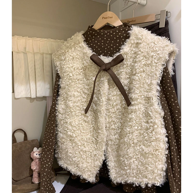 2025秋冬韩系高级感时尚洋气波点长袖上衣小众休闲百搭毛毛马甲女