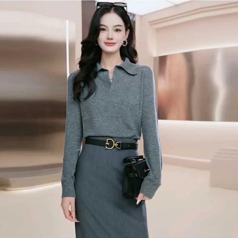 【商场同款】早秋新款简约休闲百搭翻领套头长袖针织衫1399744