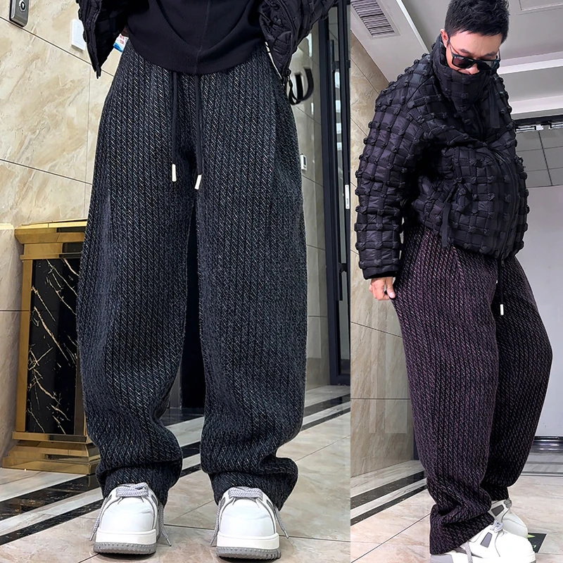 冬季潮牌彩线潮牌阔腿裤男加厚绒毛休闲裤宽松御寒保暖直筒长裤