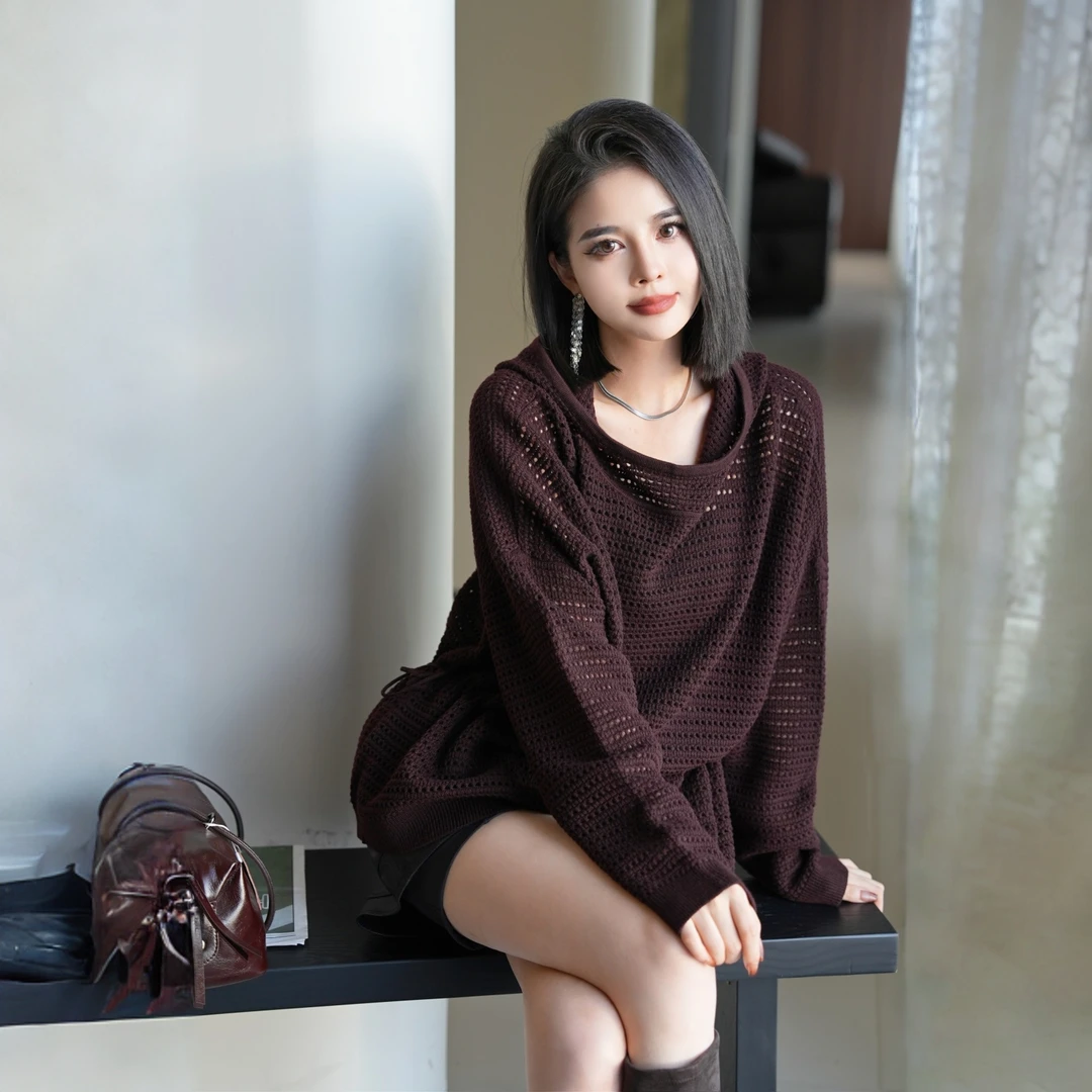 POPULARYW【烟雨落梅】Z·R上品屋 法式轻奢收腰连帽镂空针织衫上衣