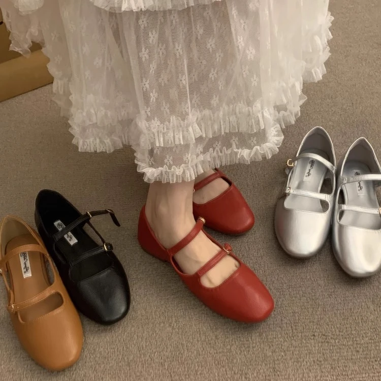 2025夏季新款法式复古方头玛丽珍鞋皮鞋浅口一字扣带平底单鞋女