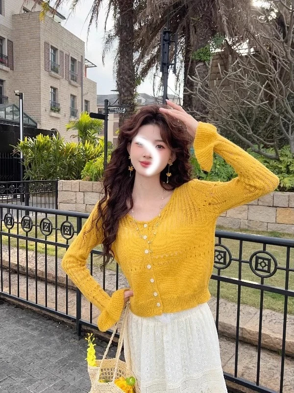 法式镂空黄色针织开衫女2025夏季新款小个子外搭短款防晒罩衫上衣