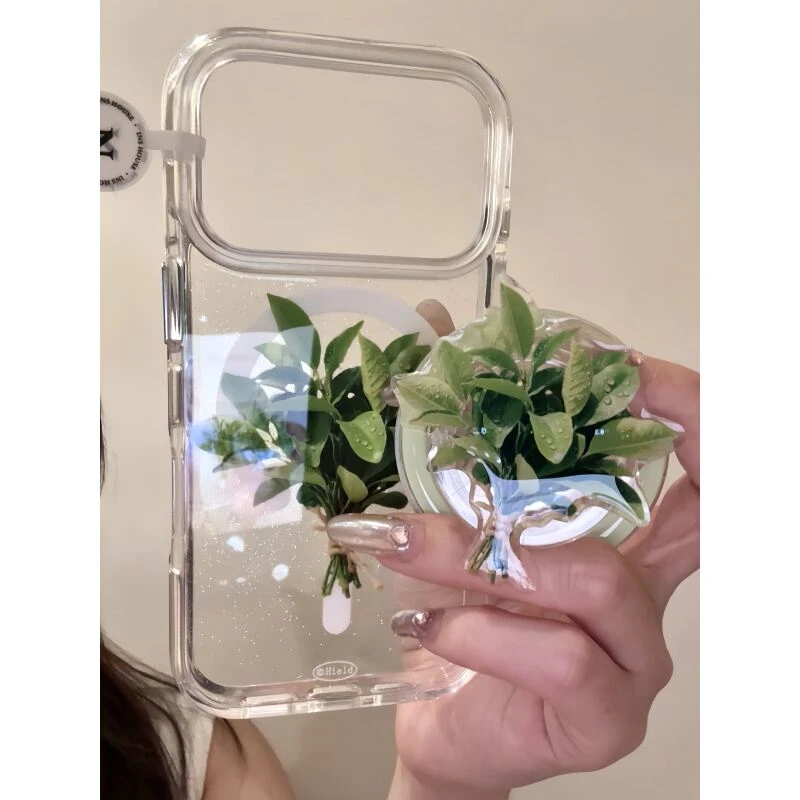 小清新闪粉写实水滴柚子叶适用于iphone17promax苹果16p手机壳15p