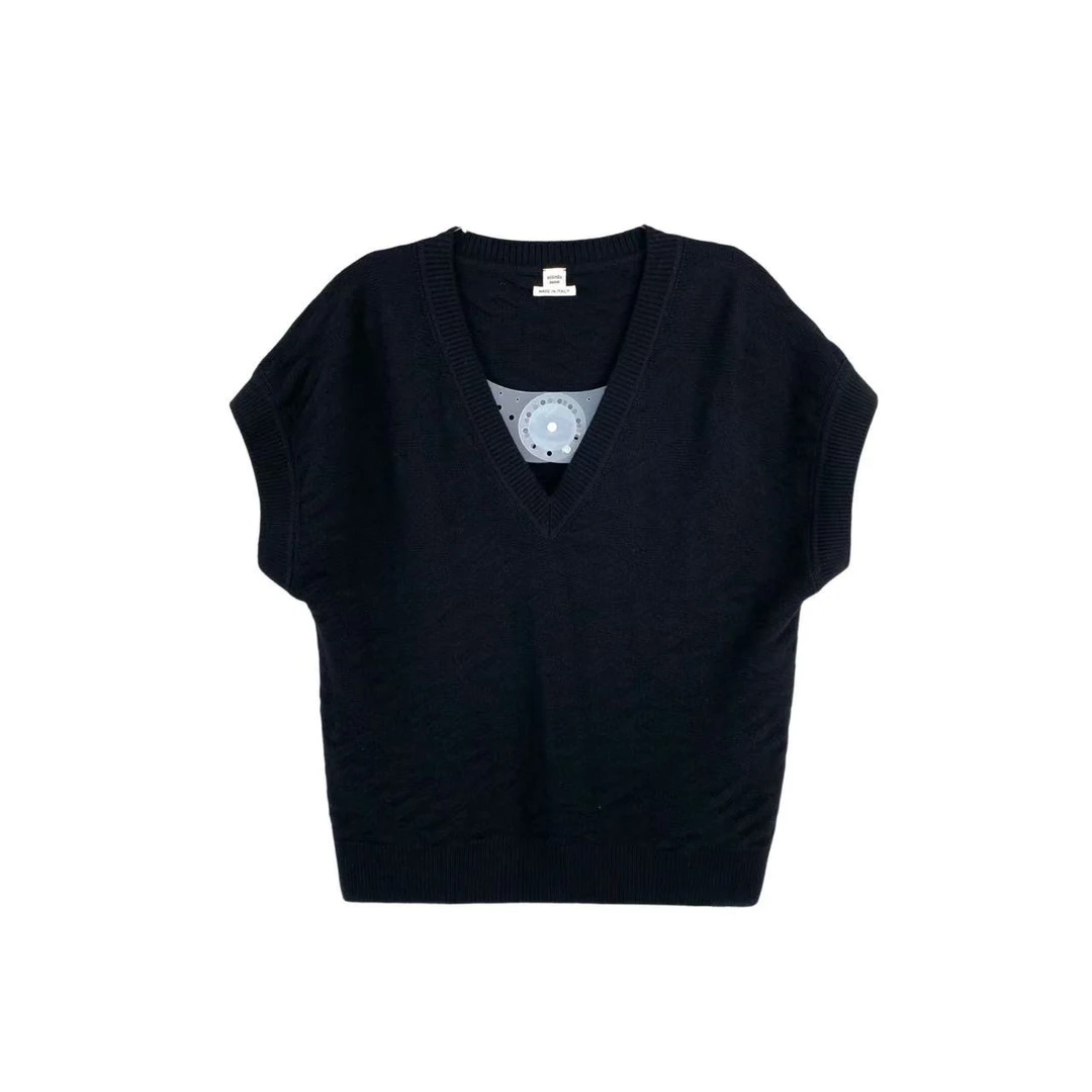 99新 Hermes/爱马仕 qq316 羊毛 暗纹满印V领背心 38码