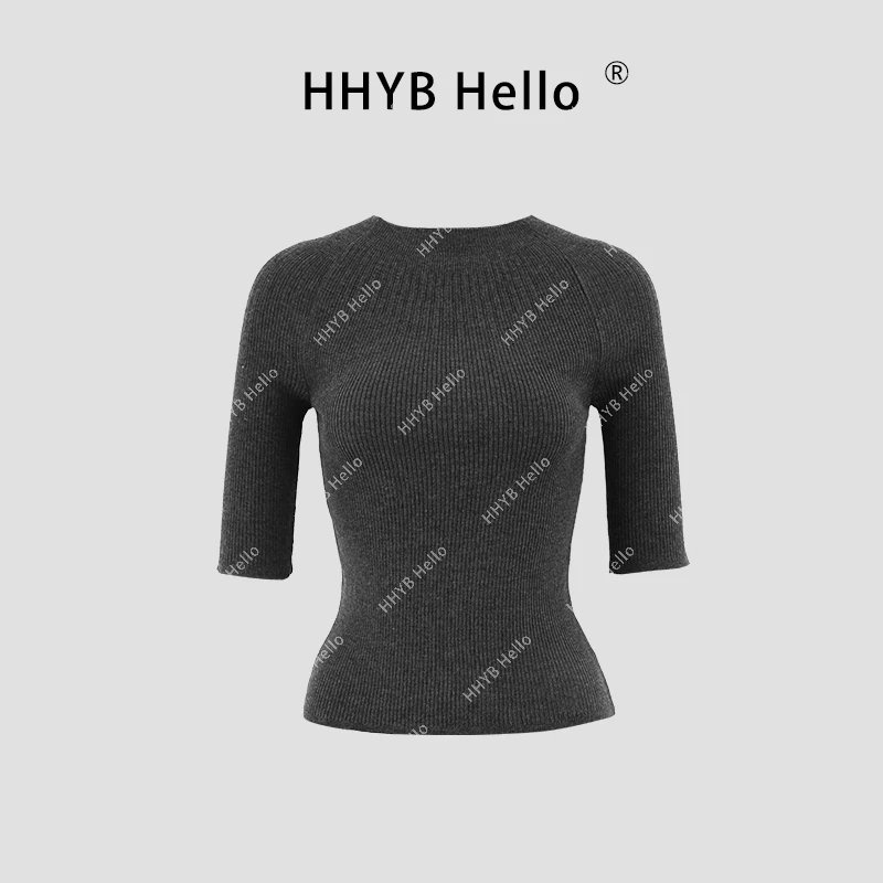 HHYB Hello【2025春季新款】圆领五分袖针织衫修身显瘦上衣T恤M965