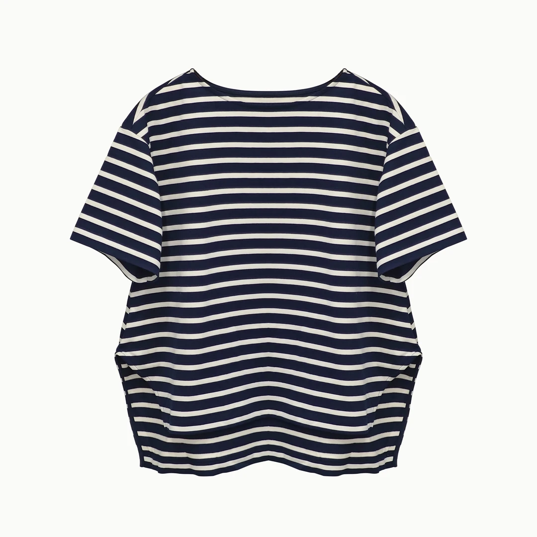 【竹外知时】N（品尾老客必入）早秋经典一字领阔版条纹T恤