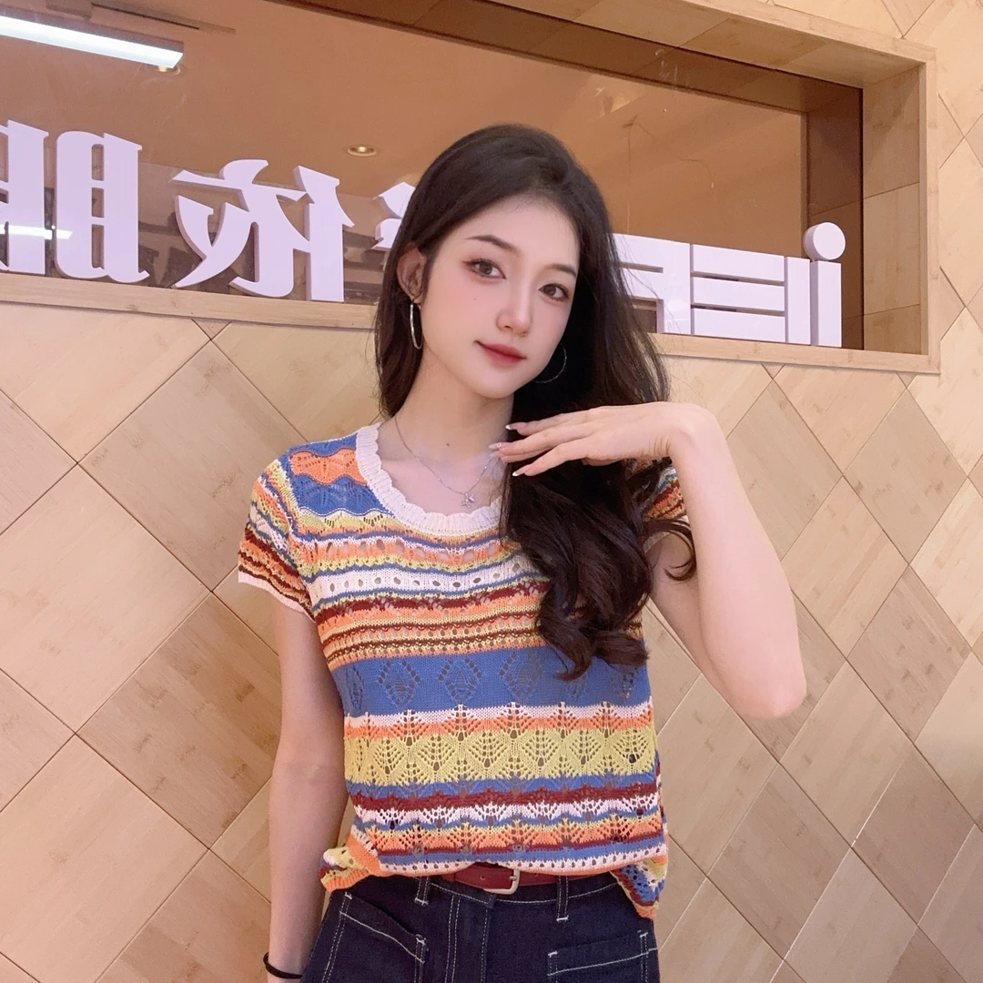 IEF/爱依服2025夏季新款韩版彩色条纹设计通勤百搭毛织上衣流光风