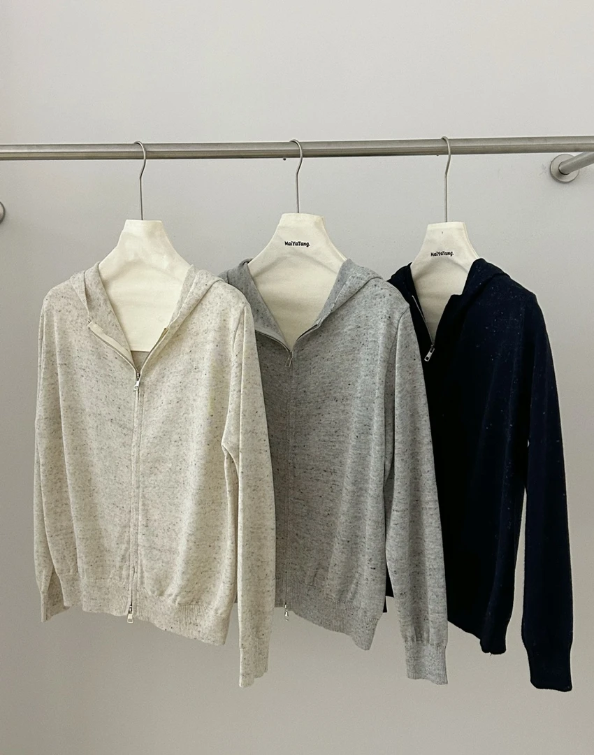 设计师款秋冬新款羊毛点点拉链连帽开衫毛衣48761
