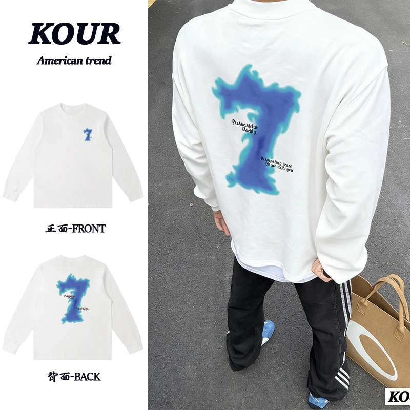 渐变数字英文7美式高街复古上衣重磅纯棉打底衫宽松百搭长袖T恤