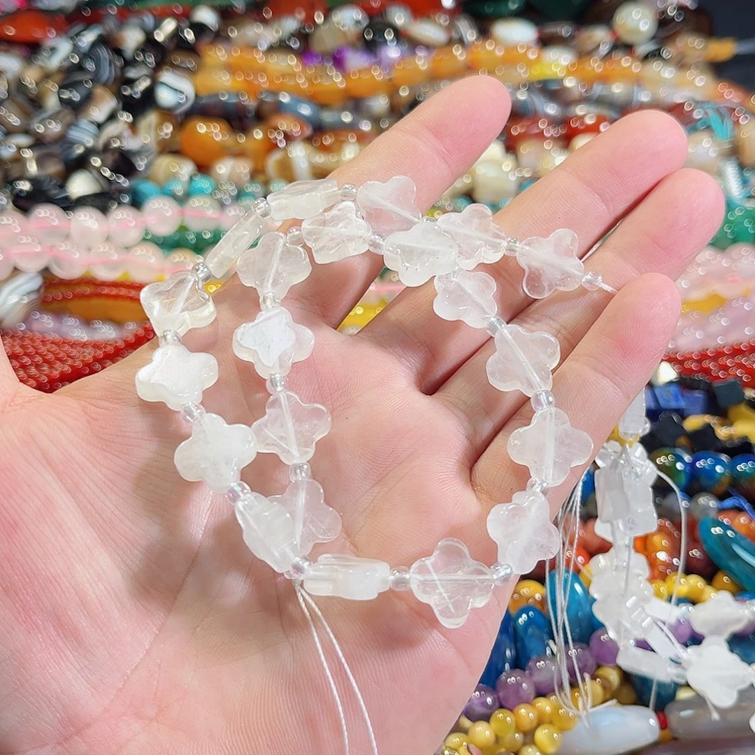 玛瑙/玉髓合金珠宝半成品白水晶四叶草一条14mm