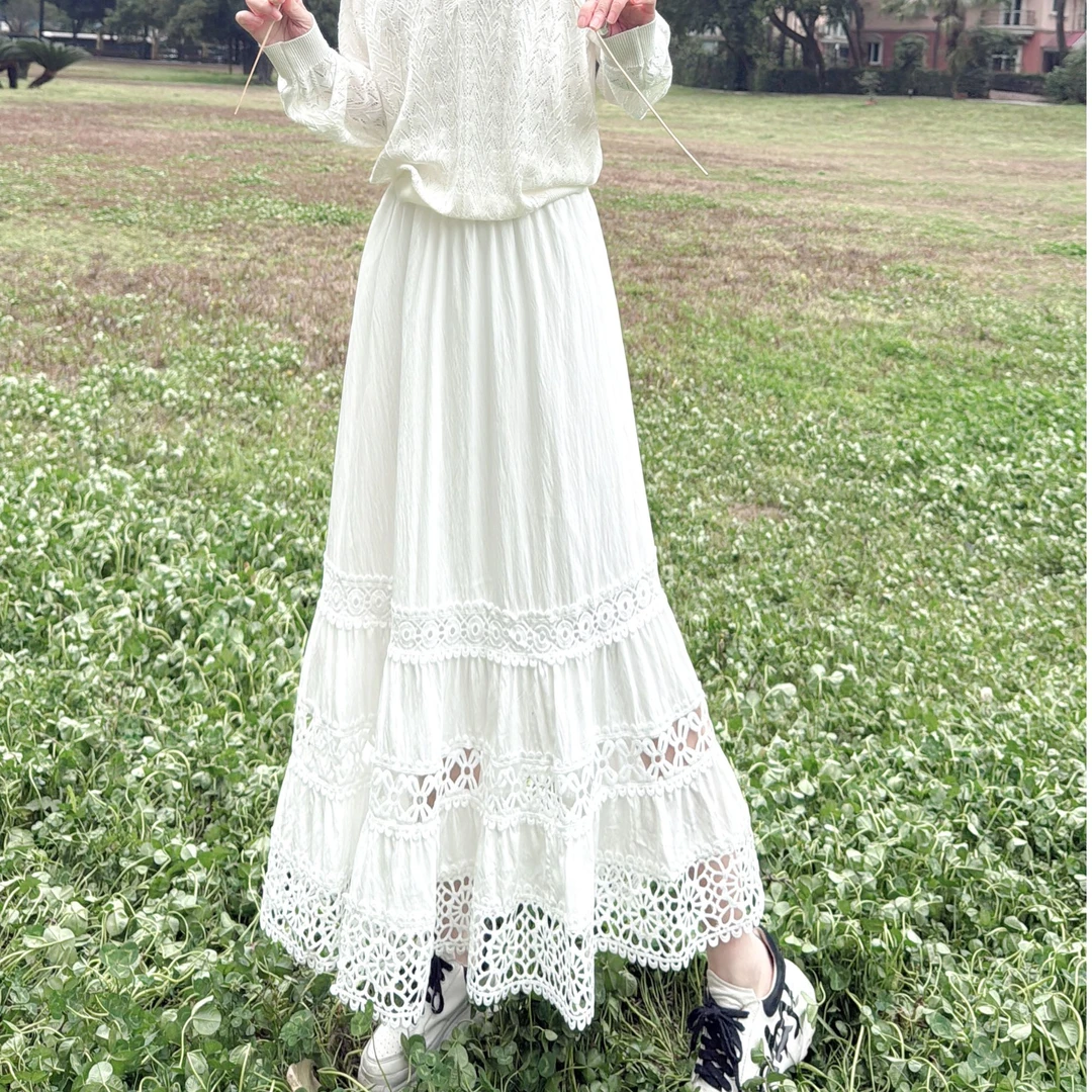 M51E005慕之淇春季刺绣蕾丝拼接镂空花边气质大摆半裙