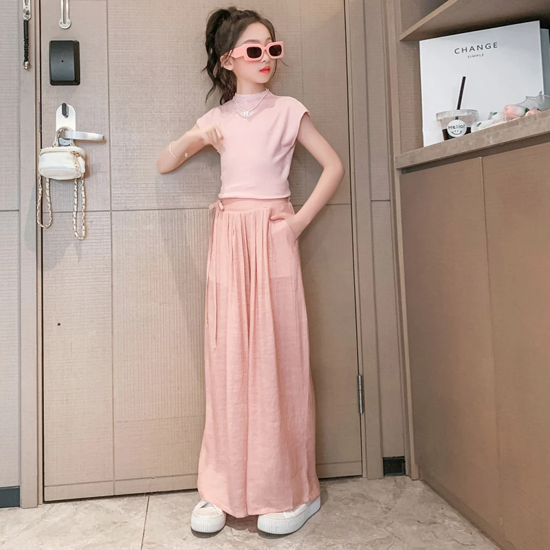 女童套装夏季2025新款大童韩版时尚网红女孩休闲短袖阔腿裤两件套
