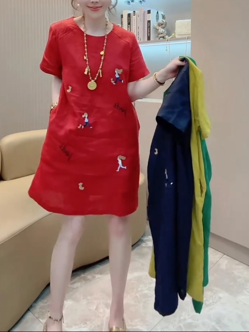 夏季新款时尚刺绣棉麻连衣裙短袖圆领洋气减龄宽松显瘦中长裙子
