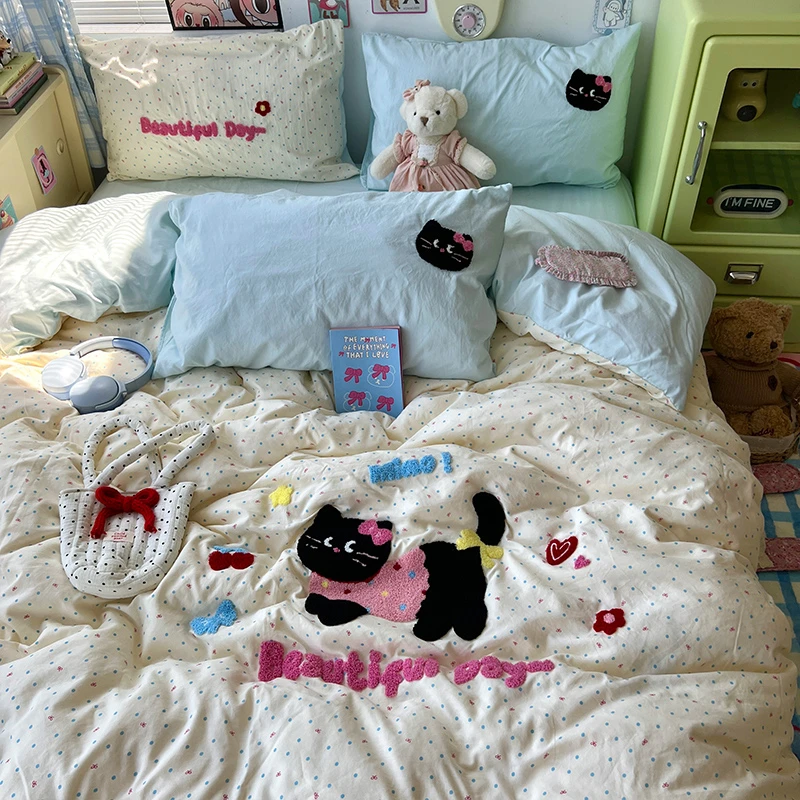 A类床上四件套新款混搭床单被套床品学生宿舍三件套-爱美的小猫