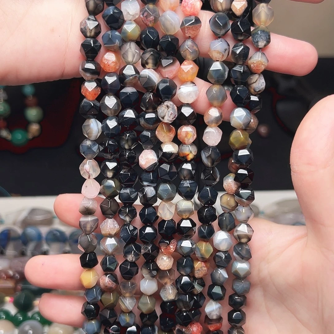 玛瑙/玉髓合金珠宝半成品x109 8m 八棱彩虹多彩黑玛瑙一条