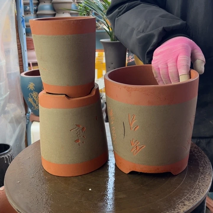 紫砂宜兴紫砂花盆灰红笔筒三件套