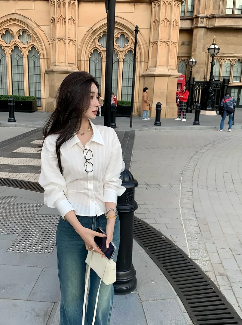 白色衬衫女袖翻领通勤风时尚设计感上衣Q0714