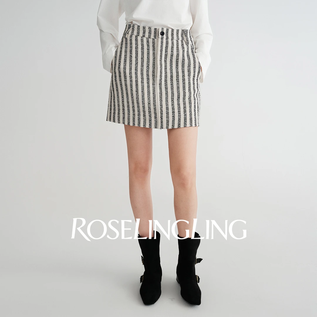 ROSELINGLING精致主旋律OFFICELADY重工定制粗花呢小香风条纹半裙