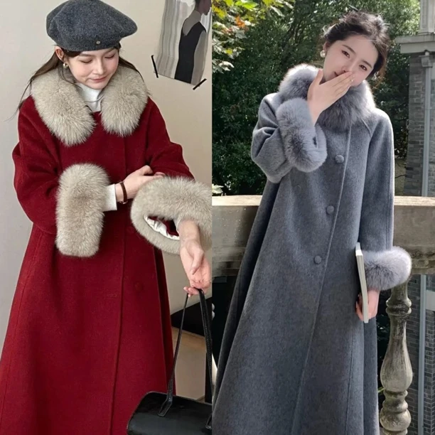 重工赫本斗篷羊毛大衣女秋冬加厚中长款高级感狐狸毛显瘦气质