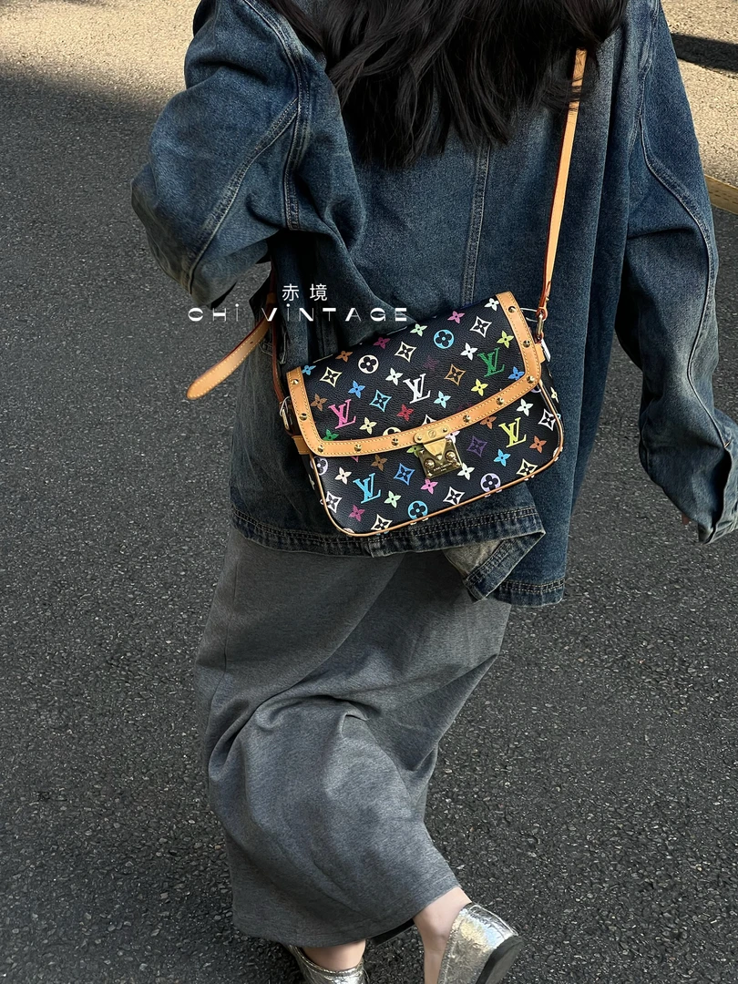 95新 LouisVuitton/路易威登 0621 黑三彩邮差包单肩斜挎包