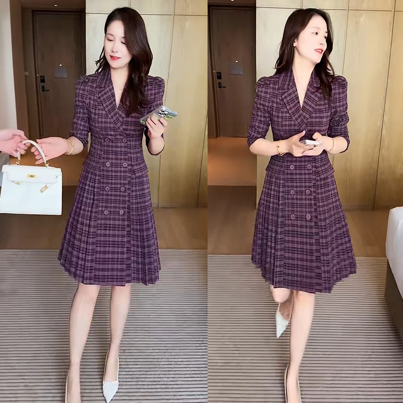 格子连衣裙女2025秋季新款修身显瘦气质小个子西装领中长款职业裙