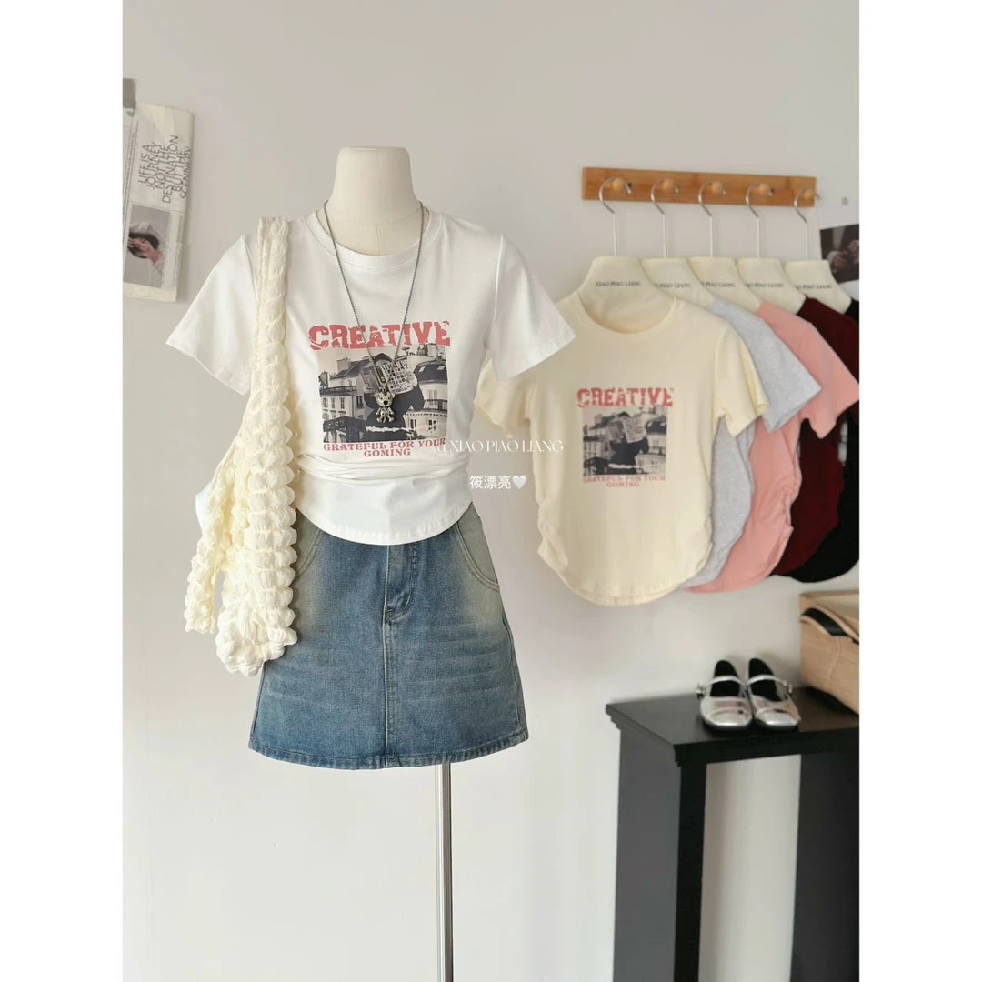 夏季美式复古时尚印花褶皱设计感通勤百搭小众t恤上衣77011#0.1