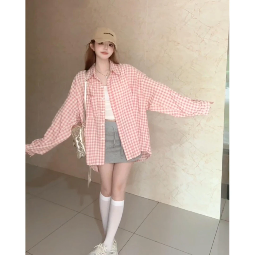 甜美红色格子衬衫外套女装春季polo领宽松显瘦中长款长袖衬衣上衣